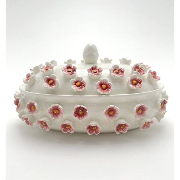 Vintage Candy Dish Pink Flowers And White Decor Candy Maker Alcobaca - Picture 1 of 4